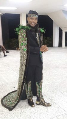 Dexter Gardener in a piece he created, which won the best evening wear award at last year’s Mr Guyana African Roots Pageant
