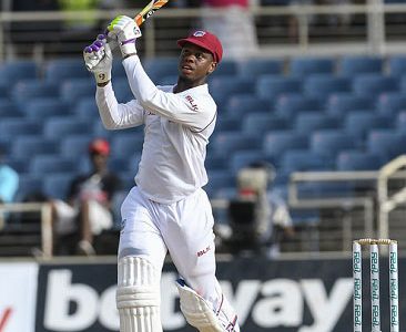 Left-hander Shimron Hetmyer goes on the attack during his entertaining half-century on the opening day of the second Test on Thursday. (Photo courtesy CWI Media)