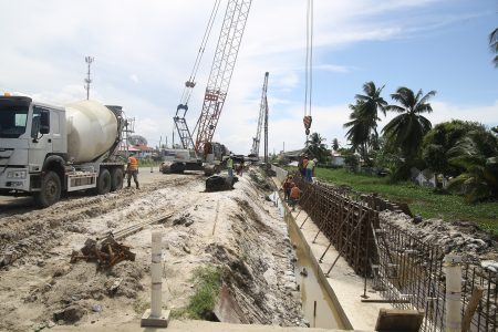 Working around the clock: Work on the East Coast Demerara Widening and Improvement Project continues daily, and nightly in some cases, as the contractor, China Railway First Group Guyana Co. Ltd., works to meet its August 2019, deadline. In this Terrence Thompson photo, workers can be seen executing works at Triumph. 
