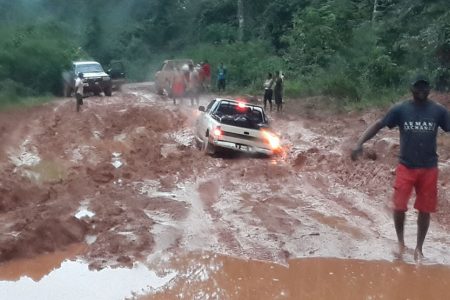 Stuck: An impassible section of the Puruni road