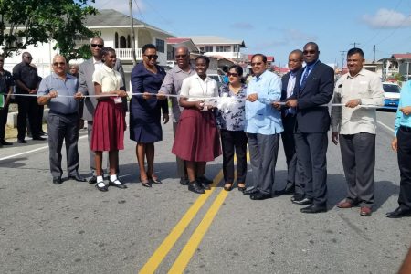 The cutting of the ribbon at the commissioning of the West Demerara road yesterday.