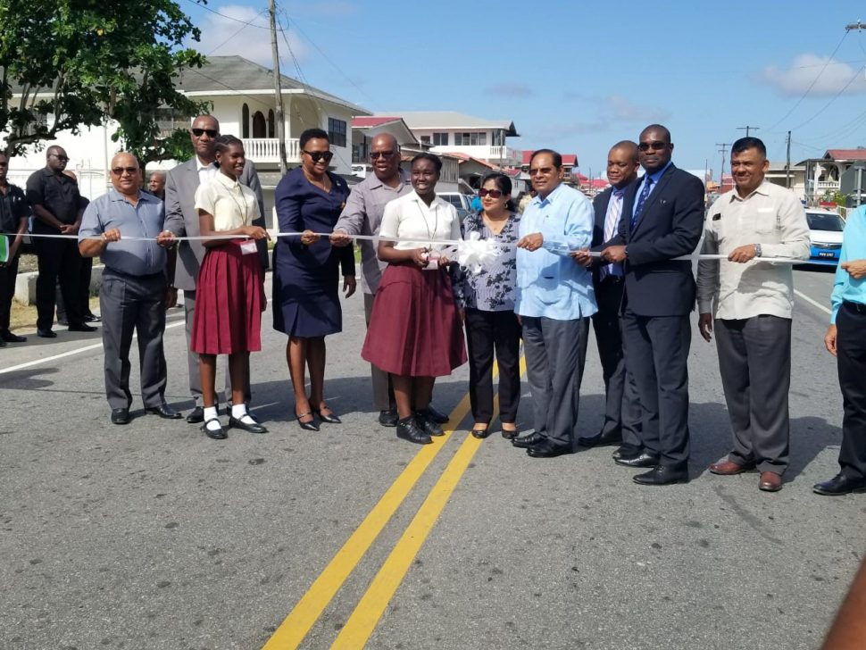 The cutting of the ribbon at the commissioning of the West Demerara road yesterday.