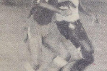 FLASHBACK! Deon Barnwell in action against French Guiana, at the Guyana Defence Force ground, scoring both goals to lead Guyana to a 2-1 win over the visitors in their 1985 two match series.