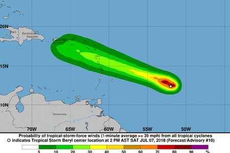 Wind speed probabilities for Tropical Storm Beryl as at 2 p.m. Saturday, July 7. (Image from NOAA)
