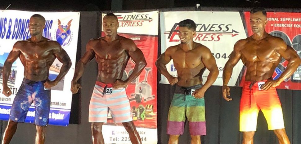 Three-time National Men’s Physique Champion, Emmerson Campbell (second from left) poses along with from left Yannick Grimes (second), Chetram Nagessar (fourth) and Caerus Cipriani (third). 
