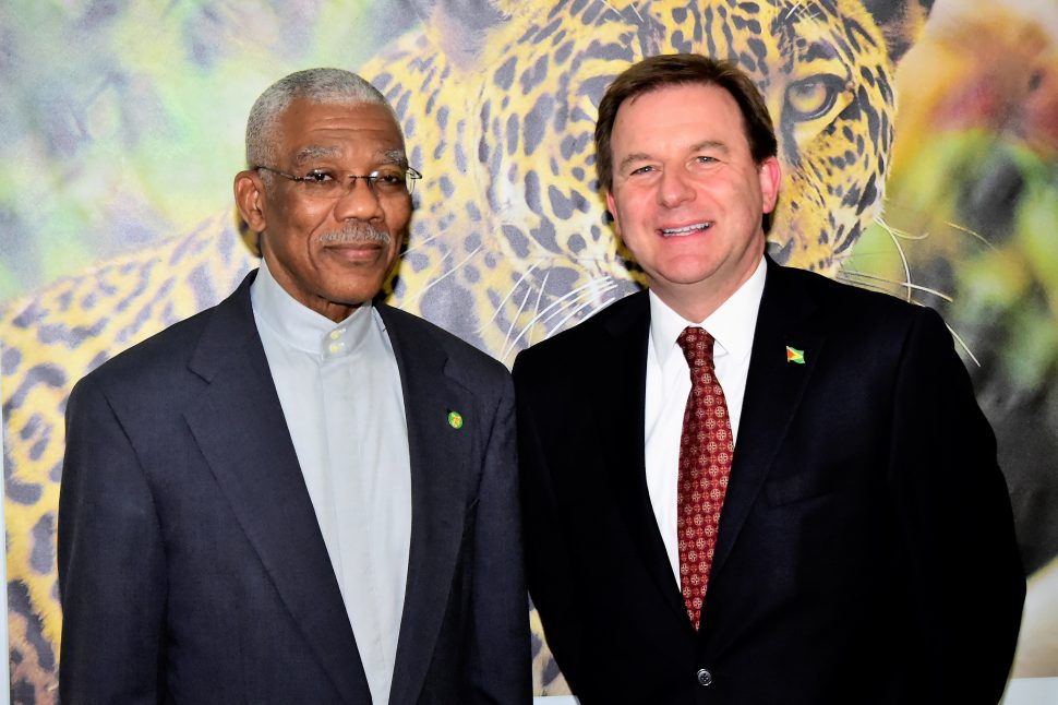 President David Granger (left) and  Senior Vice President of Exxon Mobil Corporation,  Neil Chapman (Ministry of the Presidency photo)
