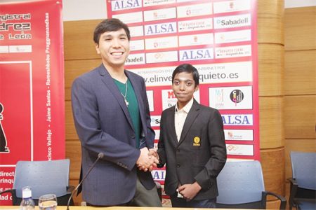 American chess grandmaster Wesley So, 25 (left) congratulates India’s most recent grandmaster Rameshbabu Praggnanandhaa, 13, at the conclusion of the 2018 Leon Masters in Leon, Spain, last week. So and Praggnanandhaa played one semi-final match and So prevailed. Praggnanandhaa won the first game, but So won the match, and subsequently, the full tournament. So is the 7th highest rated chess player worldwide.
