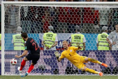 Denmark’s Kasper Schmeichel saves a penalty by Croatia’s Josip Pivaric during the shootout REUTERS/Damir Sagolj.
