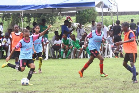 Action between South Ruimveldt and Dolphin Secondary in the Girls Section of the ExxonMobil U14 Championship at the Ministry of Education ground, Carifesta Avenue yesterday.