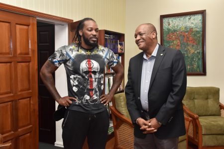 Minister of State, Joseph Harmon (right), today, received a courtesy call from West Indies cricketer Christopher Gayle at his office at the Ministry of the Presidency.During the meeting, a release from the Ministry of the Presidency said that the two  discussed West Indies cricket, how the game can be improved and how it can influence the lives of both the young and the old."Cricket is not just a game, it is a part of our culture; it's a lifestyle. This loved game of cricket is such a huge part of not just the Guyanese culture but it’s a part of our Caribbean culture, it is one of the sports that unify our people. The Government of Guyana fully supports the team and its players,” Harmon said.The West Indies will face Bangladesh in a day/night match on Wednesday  starting at 2.30 pm at the Guyana National Stadium.