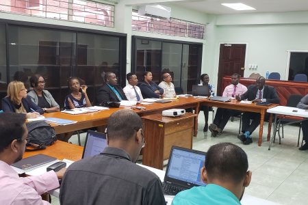 The two sides at the meeting (Guyana Lands and Surveys Commis-sion photo)