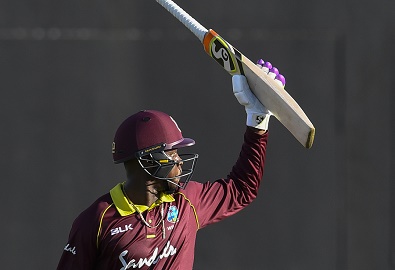 Left-hander Shimron Hetmyer celebrates his hundred in the day/night second ODI against Bangladesh on Wednesday. (Photo courtesy CWI Media)