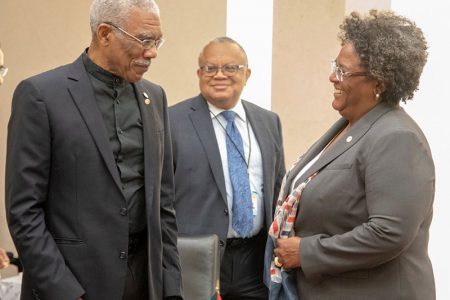 President meets new Barbadian PM: President David Granger (left) in discussion with newly-elected Prime Minister of Barbados, Mia Mottley during day two of the recent CARICOM Heads of Government plenary in Jamaica. According to the Prime Minister’s Facebook page, a number of matters of mutual interest were discussed.