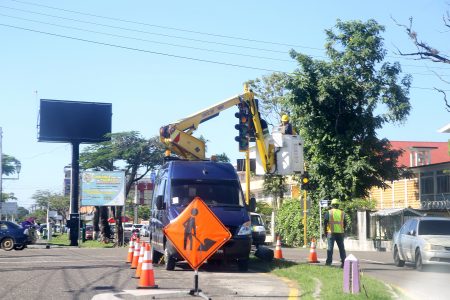 Better traffic control? New traffic lights are being installed in the city. These were being set up yesterday at the junction of Church and Camp streets. (Terrence Thompson photo)
