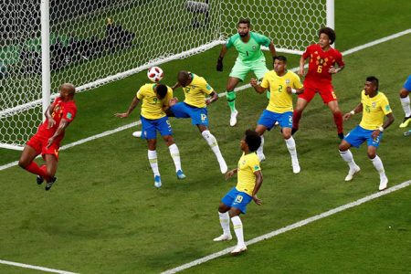  The Brazil players look on in horror as the ball is deflected off the shoulder of Fernandinho and goes into the net. (Reuters photo)
