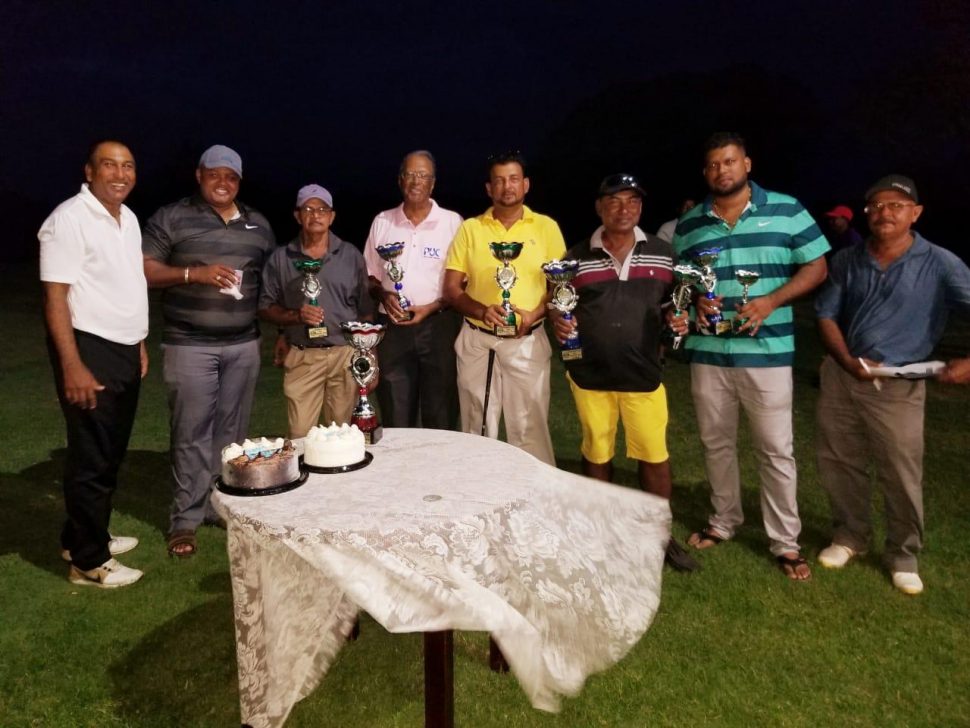 Winners’ row! Club President, Aleem Hussain (left) with the winners of the 5th annual Heineken golf tourney which took place Saturday at the Lusignan Golf Club.