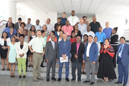 [In the photo, first row] Director of Guyana Tourism Authority, Brian Mullis, Chief Executive Officer (CEO) and Secretary-General of the CTO, Hugh Riley, Minister of Business with responsibility for Tourism, Director General of Department of Tourism, Donald Sinclair, President of Tourism and Hospitality Association (THAG), Mitra Ramkumar pose with stakeholders at the Guyana Rum Route Forum.