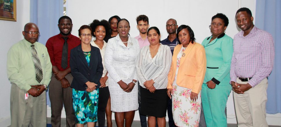 Minister of Education, Nicolette Henry, (seventh from right) along with Ministry staff and the joint SASOD – GRPA delegation at her Ministry’s Brickdam office.  (Ministry of Education photo)
 

