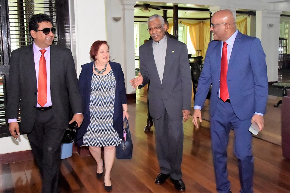 President meets Opposition Leader: President David Granger (second from right) with Opposition Leader Bharrat Jagdeo (right) , PPP Chief Whip, Gail Teixeira (third from right) and former Attorney General Anil Nandlall at State House yesterday.  (Ministry of the Presidency photo)