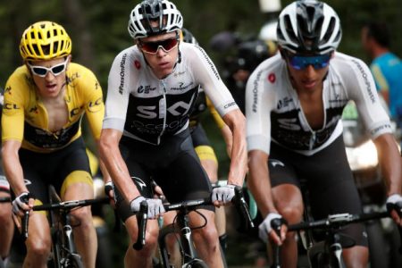  Team Sky riders Geraint Thomas of Britain, wearing the overall leader’s yellow jersey, Chris Froome of Britain and Egan Arley Bernal of Colombia in action yesterday. REUTERS/Benoit Tessier.
