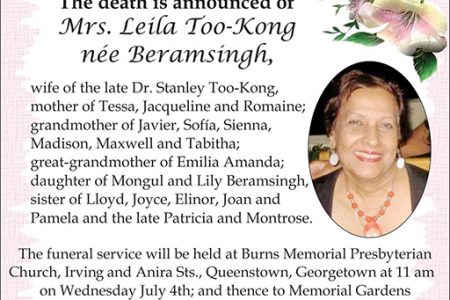 Mrs Leila Too-Kong nee Beramsingh