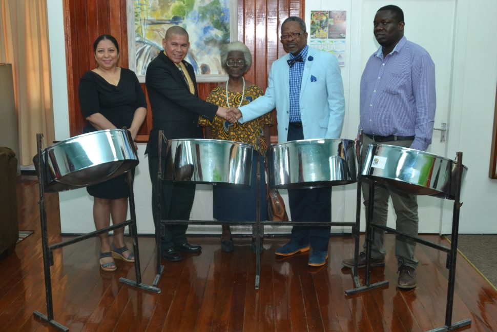 In this DPI photo from left are Professor Paloma Mohamed; Minister of Social Cohesion, Dr. George Norton; Professor Emeritus Joycelynne Loncke; Vice-Chancellor of the University of Guyana, Ivelaw Griffith; Director of National School of Music, Andrew Tyndall.
