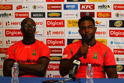 Guyana Amazon Warriors assistant coach Rayon Griffith (left) and all-rounder Roshon Primus during Thursday’s media conference. (Photo courtesy of CPL)
