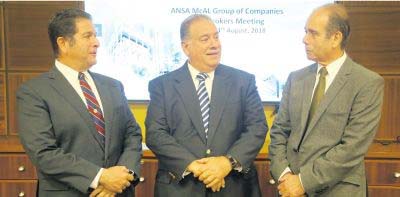 ANSA McAL Group Executive Chairman A Norman Sabga, centre, with Deputy Chairman David Sabga, right and CEO Andrew Sabga following Tuesday’s announcement of the group’s unaudited results for the six months ended June 30, at Tatil Building, Port-of-Spain. 