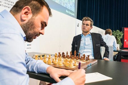 At the recent high-level 2018 Biel Chess Festival in Switzerland, Azerbaijani grandmaster Shakhriyar Mamedyarov defeated world chess champion Magnus Carlsen. Mamedyarov, ranked No 3 in the world at 2801 Elo points (Carlsen is 2842), produced some excellent moves to outplay his opponent. Carlsen is preparing to defend his world championship title this November against American grandmaster Fabiano Caruana. In photo, Mamedyarov (left) updates his scoresheet while Carlsen looks on. (Photo: Lennart Ootes) 