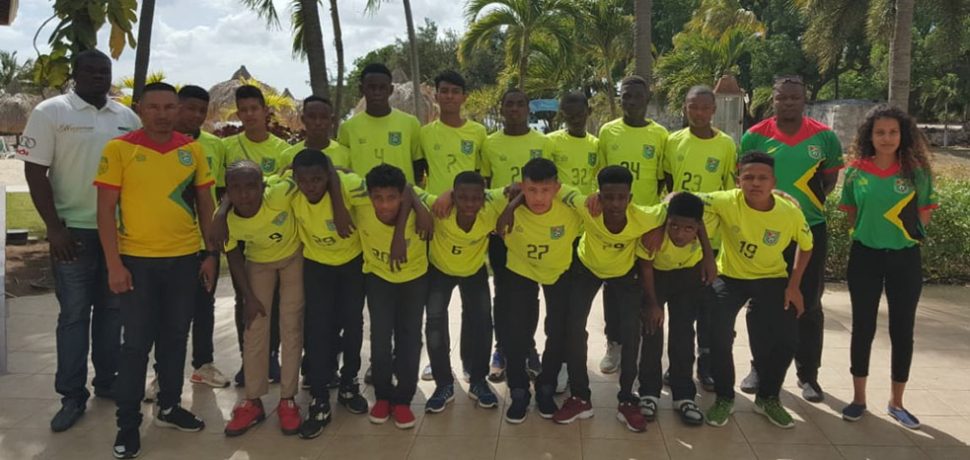 The Guyana Under-14 squad and management staff following their arrival in Curacao for the CFU Under-14 Boys Challenge Series
