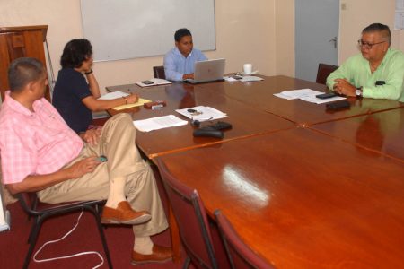 GMSA top officials Shyam Nokta (centre), Ramsay Ali and Ramesh Dookhoo at a briefing session with the Stabroek Business earlier this week