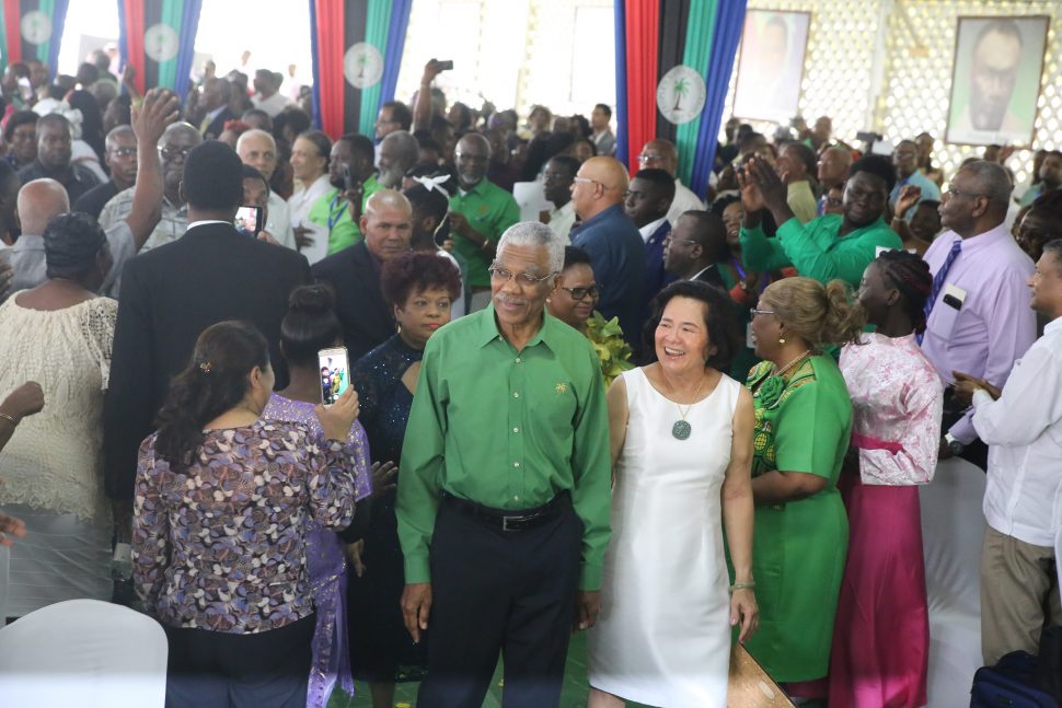President of Guyana and Leader of People’s National Congress Reform (PNCR) David Granger and his wife, First Lady Sandra Granger, being ushered into for the opening of the party’s Biennial Delegates’ Congress at the party’s headquarters in Sophia, Greater Georgetown yesterday. (Terrence Thompson Photo)
