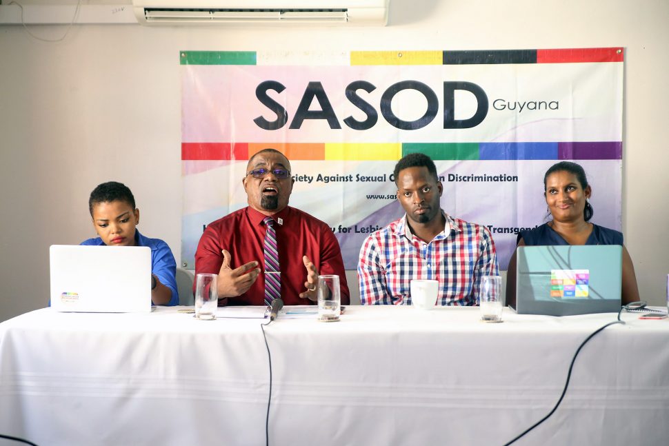 From left: Akola Thompson, a member of SASOD Women’s Arm, Director of the Pan-Caribbean Partnership on HIV and AIDS (PANCAP) Dereck Springer, Managing Director of SASOD Joel Simpson, and Principal Investigator Dr. Nastassia Rambarran at the launch of the findings of the assessment on Friday. 