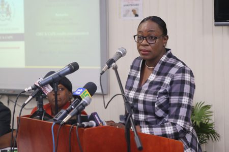 Minister of Education Nicolette Henry announcing the 2018 Caribbean Secondary Education Certificate (CSEC) Examination results. (Terrence Thompson photo)
