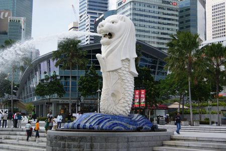 The Merlion, the official mascot of Singapore, depicted as a mythical creature with a lion’s head and the body of a fish at Marina Bay, Singapore