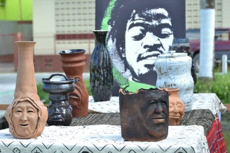In an effort to shed light on Guyanese creativity the Music, Art and Culture (MAC) Foundation held a one-day festival at the Pan African Gardens along the Merriman Mall yesterday. Exhibitors were able to display a cross-section of artistic products, such as these clay jars. (Department of Public Information photo)