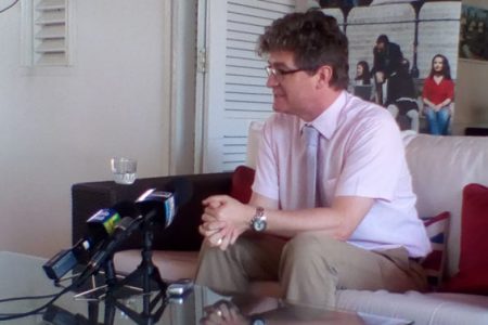 British High Commissioner to Guyana, Gregory Quinn addressing reporters at his residence.
