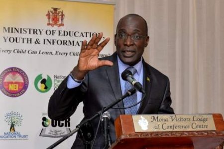Jamaican Minister of Education, Youth and Information, Senator Ruel Reid, speaks at Press Conference on CSEC results.