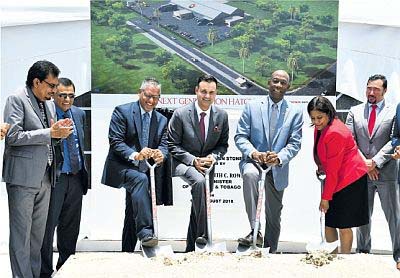 Prime Minister Dr Keith Rowley, third from right, along with Nutrimix director Shameer Mohammed, centre, and other government ministers during Wednesday’s sod-turning ceremony for the construction of Nutrimix’s Next Generation Hatchery in Couva. From left: Local Government Minister Kazim Hosein; Works Minister Rohan Sinanan; Agriculture Minister Clarence Rambharat; Trade Minister Paula Gopee-Scoon and Minister in the Office of the Prime Minister Stuart Young