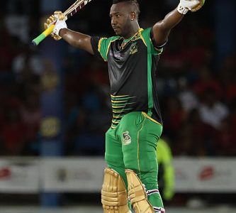 PORT OF SPAIN, TRINIDAD AND TOBAGO - AUGUST 10:  In this handout image provided by CPL T20, Andre Russell captain of Jamaica Tallawahs reaches 100 runs during the Hero Caribbean Premier League match between Trinbago Knight Riders and Jamaica Tallawahs at Queen's Park Oval on August 10, 2018 in Port of Spain, Trinidad And Tobago. (Photo by Ashley Allen - CPL T20/Getty Images)