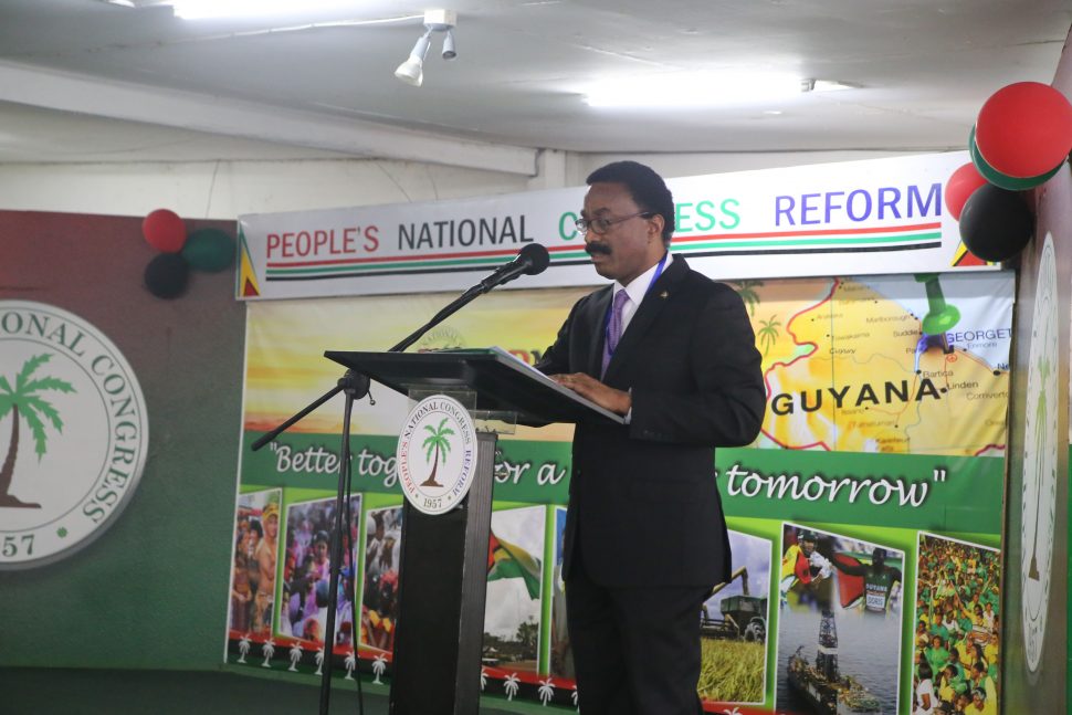 People’s National Congress Reform Chairman and Attorney General Basil Williams delivering his address to the hundreds that attended. (Terrence Thompson Photo)