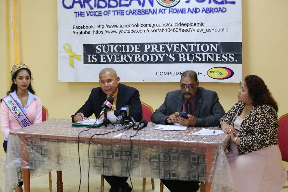Minister of Social Cohesion, Dr. George Norton (second, from left), National Coordinator of the Caribbean Voice Nizam Hussain (second, from right), Miss Guyana World and official spokesperson for the Caribbean Voice Ambika Ramraj (left) and Training and Education Director of the Caribbean Voice, Leslyn Holder ( right) at the launch of the campaign yesterday. (Terrence Thompson photo)