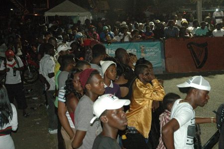 Sections of the massive crowd that witnessed the round of 16 and quarter-final action in the Guinness Cage Streetball Championship at the Haslington Tarmac.
