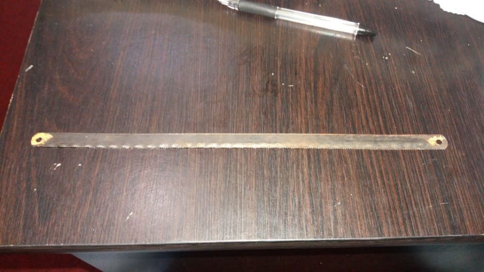 A hacksaw blade, which was recovered after the suspected breakout attempt was discovered.

