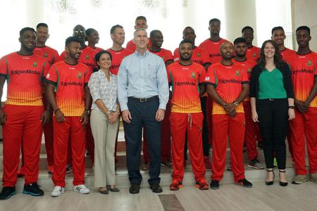 Members of the Guyana Amazon Warriors team along with representatives from major sponsors ExxonMobil at yesterday’s press briefing at the Marriott Hotel.
