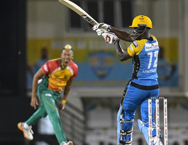 Andre Fletcher (R) of St Lucia Stars hits the winning run off Rayad Emrit (R) of the Guyana Amazon Warriors during match 15 of the Hero Caribbean Premier League at the Darren Sammy Cricket Ground Friday night in Gros Islet, Saint Lucia. (Photo by Randy Brooks - CPL T20/Getty Images)
