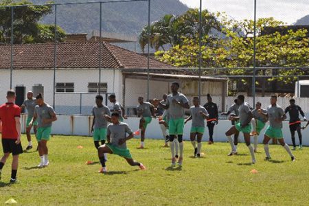 The Golden Jaguars team going through a warm-up session during their first training session at the Estadio Municipal Jose Maria De Brito Barros, Rio de Janeiro, Brazil. 