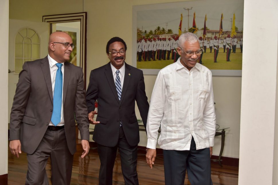 From left are Opposition Leader Bharrat Jagdeo, Attorney General Basil Williams and President David Granger, who met at State House yesterday. (Ministry of the Presidency photo)