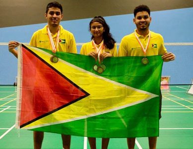 (l-r) Guyana’s medal-winning contingent Narayan Ramdhani (2 bronze), Priyanna Ramdhani (2 sliver, one bronze) and Jonathan Mangra (one bronze)
