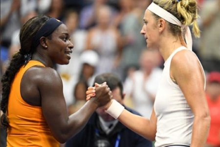 Sloane Stephens of the United States, left, and Victoria Azarenka of Belarus, right, shake hands after Stephens wins the third round match on day five of the 2018 U.S. Open tennis tournament at USTA Billie Jean King National Tennis Center. Mandatory Credit: Danielle Parhizkaran-USA TODAY SPORTS
